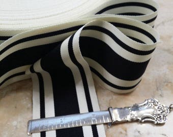 2.125" Wide Vintage Stripe Millinery Petersham grosgrain Ribbon Trim in a Black and white (off white) wedding bridal sash strap belt bow