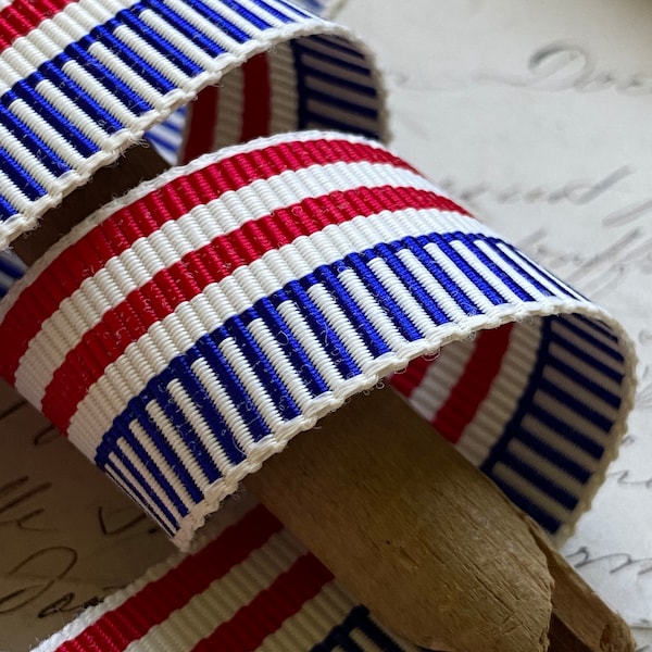 7/8" Vintage Stripe Ribbon Trim in a Red White Blue (off white) patriotic America USA Independence Day, Flag, Millinery hat band