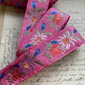 1.375 Vintage French Jacquard embroidered woven ribbon trim edelweiss embroidered florals and leaves wedding bows Austria folkloric Swiss image 1