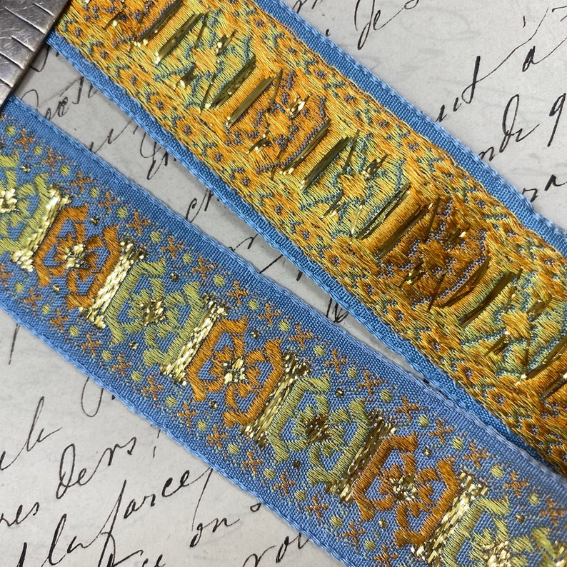 1 Vintage Jacquard woven ribbon trim with embroidered geometric shapes from France 216 image 2