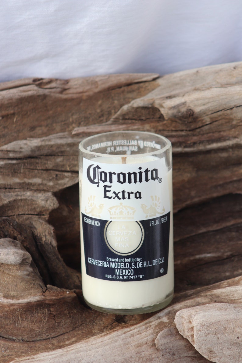 Soy candle in a recycled coronita bottle