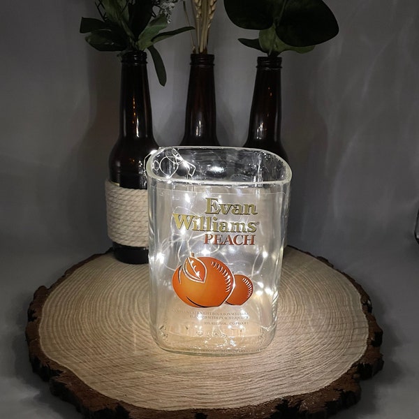 Liquor bottle candle Evan Williams peach handmade gift bar ware man cave gift planter unique vase string lights unique gift for him whiskey