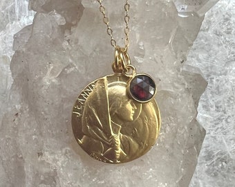 Elegant  Gold  Joan of Arc Medal Necklace with Petite Garnet Accent, Catholic Medal