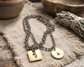 Chunky Ball Chain Bracelet Set with Personalized Hand Stamped Brass Initial Charm and Heart Charm | Layering Bracelet | Personalized Jewelry