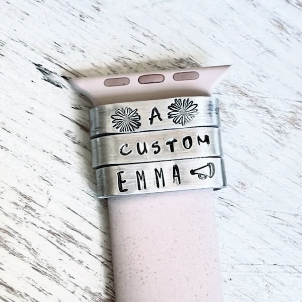 Personalized iWatch Tags, Watch Band Charms, Metal Watch Cuff, Aluminum Watch Charms, Hand Stamped Watch Accessory, Custom Watch Band Slides