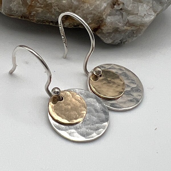 Gold and Silver Dangle Earrings, Hammered Gold and Silver Disc Earrings. Lightweight Everyday Earrings, Mixed Metal Earrings, Gift for Her