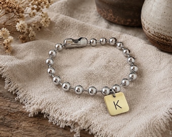 Beaded Ball Chain Initial Charm Bracelet | Chunky Charm Bracelet | Hand Stamped | Personalized Jewelry | Gift For Her