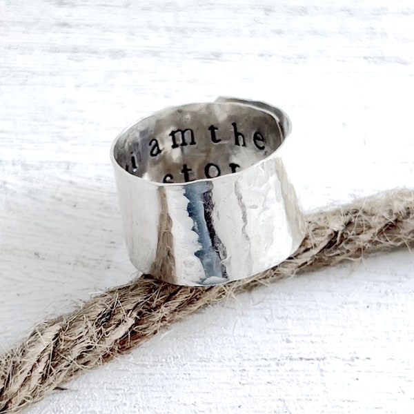 Sterling Silver Wide Band Ring, Personalized Ring, Adjustable Ring, 1/2" Wide Ring, Inside Message Ring, Hammered Thumb Ring, Gift for Her