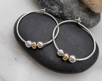 Sterling Silver Beaded Hoop Earrings, Hoops With Gold And Silver Beads, Minimalist Earrings, Everyday Earrings,Gift For Her, Birthday Gift