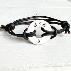 Washer Bracelet, Word Bracelet, Initial Bracelet, Couples Gift, Leather Bracelet, His and Hers,Matching Bracelets,Anniversary gift