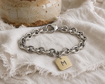 Chunky Charm Bracelet With Initial | Stainless Steel Chain Bracelet | Hand Stamped | Personalized Jewelry | Gift For Her