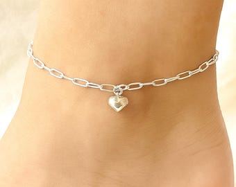 Ankle Bracelet with Heart Charm | Sterling Silver Anklet | Minimalist Jewelry | Gift for Her