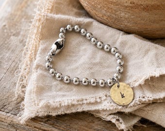 Hand Stamped Initial Bracelet | Stainless Steel Ball Chain | Hammered Brass Charm