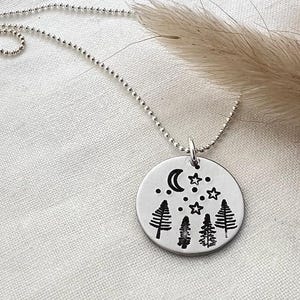 Night Sky Forest Nature Necklace | Outdoorsy Adventure Camping Jewelry | Hand-Stamped Sterling Silver Pendant Jewelry