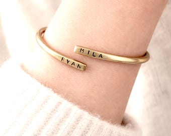 Personalized Name Bangle Bracelet | Brass Double Name Bracelet |Custom Gift for Her