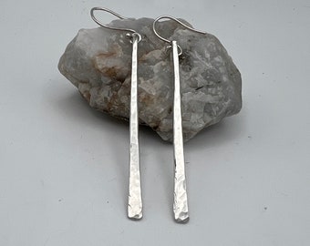 Hammered Silver Bar Earrings, Sterling Silver Dangle Earrings, Handmade Silver Jewelry, Long Dangle Earrings, Gift For Her