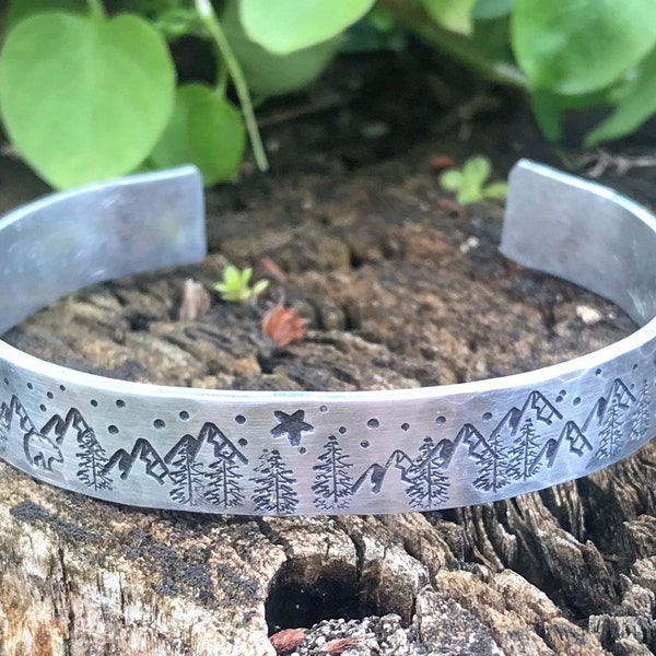 Hand Stamped, Mountain Scene, Bear, Pine Tree, Forest Scene, Cuff Bracelet, Nature Jewelry, Outdoor scene , Boho, Starry Night Scene,