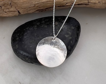 Sterling Silver Necklace, Circle Dome Pendant, Hammered Jewelry, Round Pendant, Necklace for Everyday, Simple Circle Necklace, Gift for Her