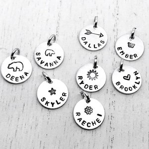 personalized name charm with center design, tiny add on charm, hand stamped personalized charm, custom name, handmade personalized gift
