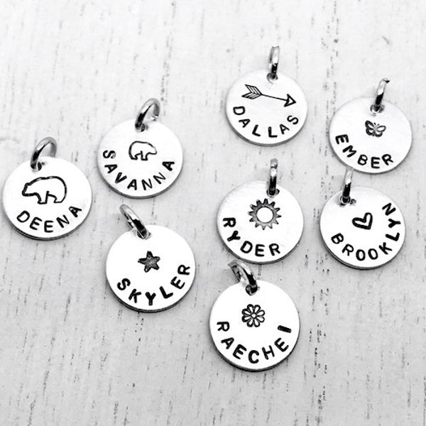 personalized name charm with center design, tiny add on charm, hand stamped personalized charm, custom name, handmade personalized gift