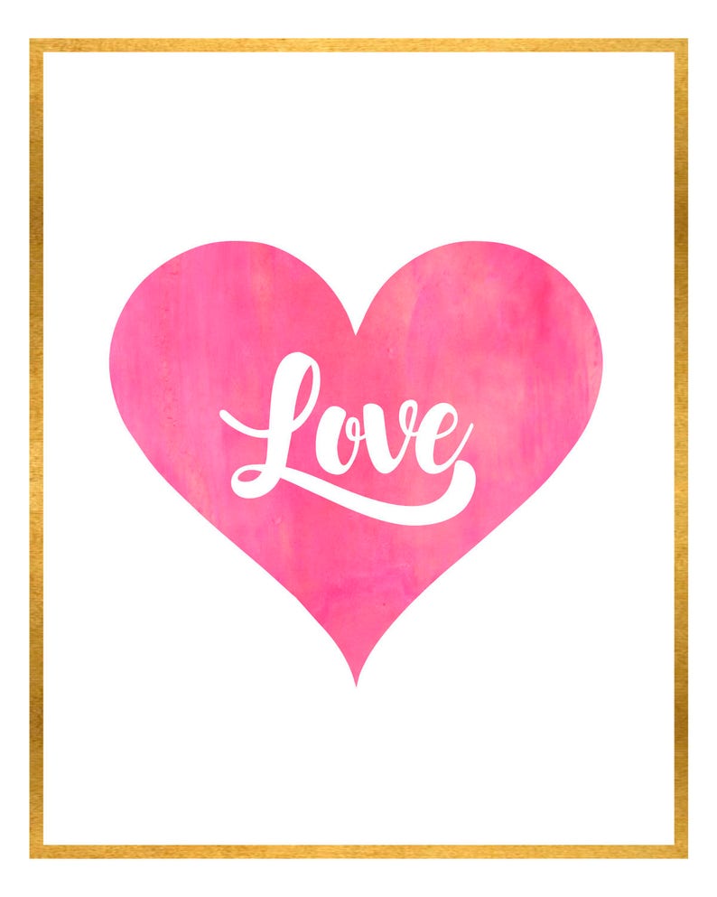 May include: A pink watercolor heart with the word "Love" written in white cursive lettering inside the heart. The heart is framed with a gold border.