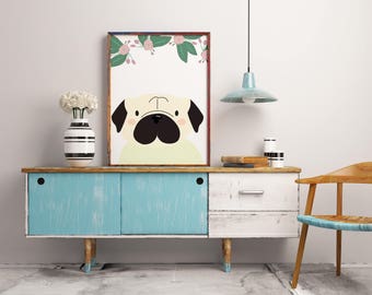 May include: A framed wall art print featuring an upside-down pug illustration with a black muzzle and ears, accented by a top border of green leaves and small pink flowers against a plain white background, displayed in a wooden frame.