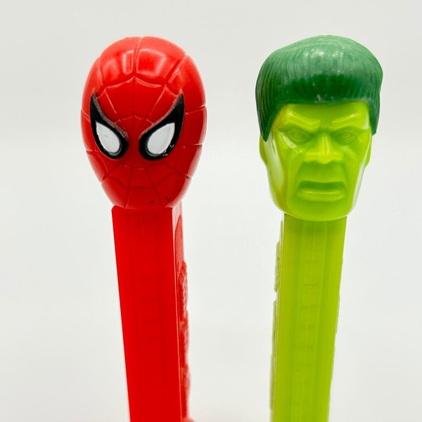 PEZ Candy Dispensers Hulk and Spiderman, Marvel Character, Retired Loose
