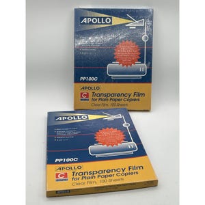 May include: Two rectangular boxes of Apollo PP100C transparency film for plain paper copiers. Each blue and yellow box contains 100 sheets of clear film measuring 8 1/2 inches by 11 inches, featuring a graphic of a copier and text.