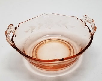 Vintage Pink Depression Glass Bowl with Handles and Etched Floral Design