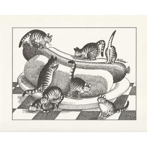 Kliban Cat Art Print, Litter of Cats on Hot Dog, Vintage Lithograph, Cartoon Kitty, Kitten, Feline, Black and White