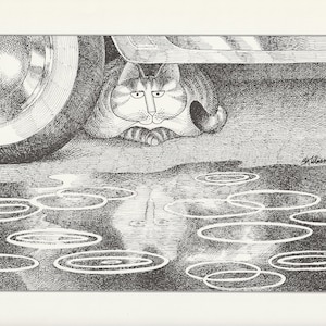 Kliban Cat Art Print, Rainy Day, Vintage Lithograph, Cartoon Kitty, Kitten, Feline, Black and White