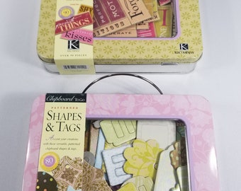 Chipboard Crafting Pieces: Words, Shapes, Tags in Metal Tins (170 Pieces)