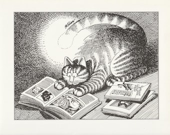 Kliban Cat Lithograph Print: Vintage Cartoon Kitty Reading Book 10 7/8” x 9 1/8”