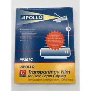 May include: A rectangular box of Apollo transparency film for plain paper copiers. The blue and yellow packaging features the text PP201C, 100 sheets, and 8 1/2 x 11 inches. It includes a graphic of a projector and a red starburst promotional text.