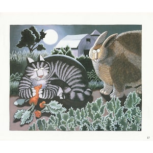 May include: A black and white striped cat is eating a carrot in a garden at night. A brown rabbit with large eyes is watching the cat from behind a bush.