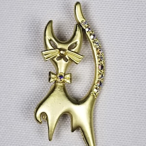 Cat Brooch With Rhinestone Tail and Bow Tie Accent, Gold Tone Animal Jewelry