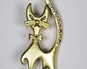 Kitty Cat Gold Tone Brooch Pin with Rhinestone Tail Animal Jewelry