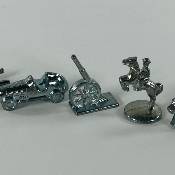 Monopoly Game Pewter Tokens Horse, Race Car, Wheelbarrow, Thimble, Cannon, Boat and Scottie Dog, 7 Pieces