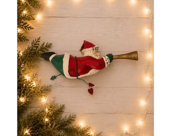 Handpainted Santa Claus Trumpet Christmas Ornament 8” Holiday Rustic Decor