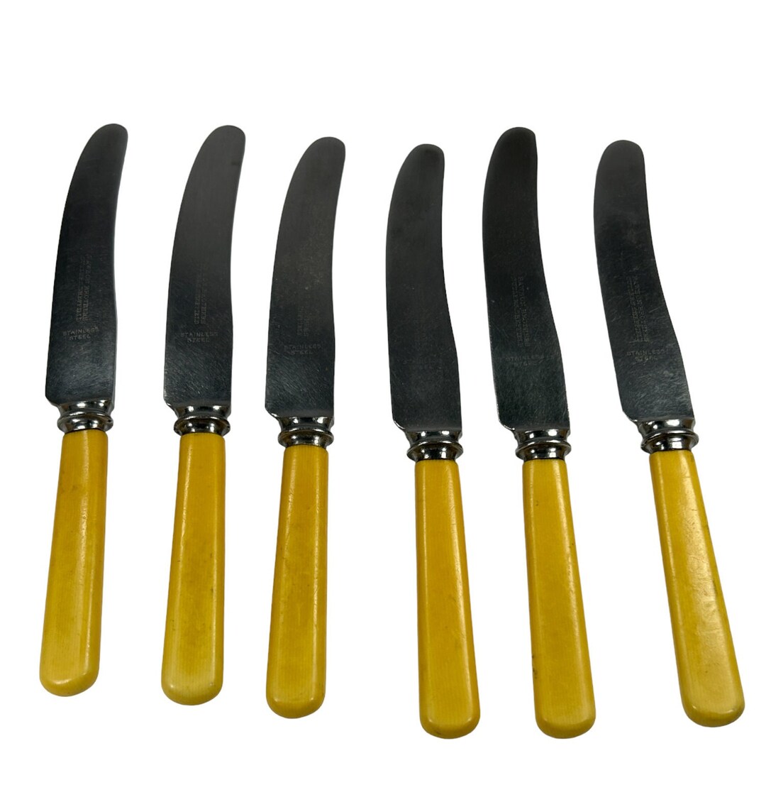 Vintage Dinner Knife Set of 6, Celluloid Handles, Rawson Brothers