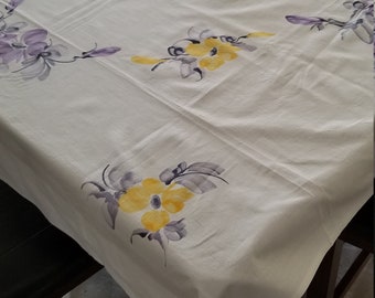 Hand Painted Floral Cotton Linen Tablecloth ~ Vintage