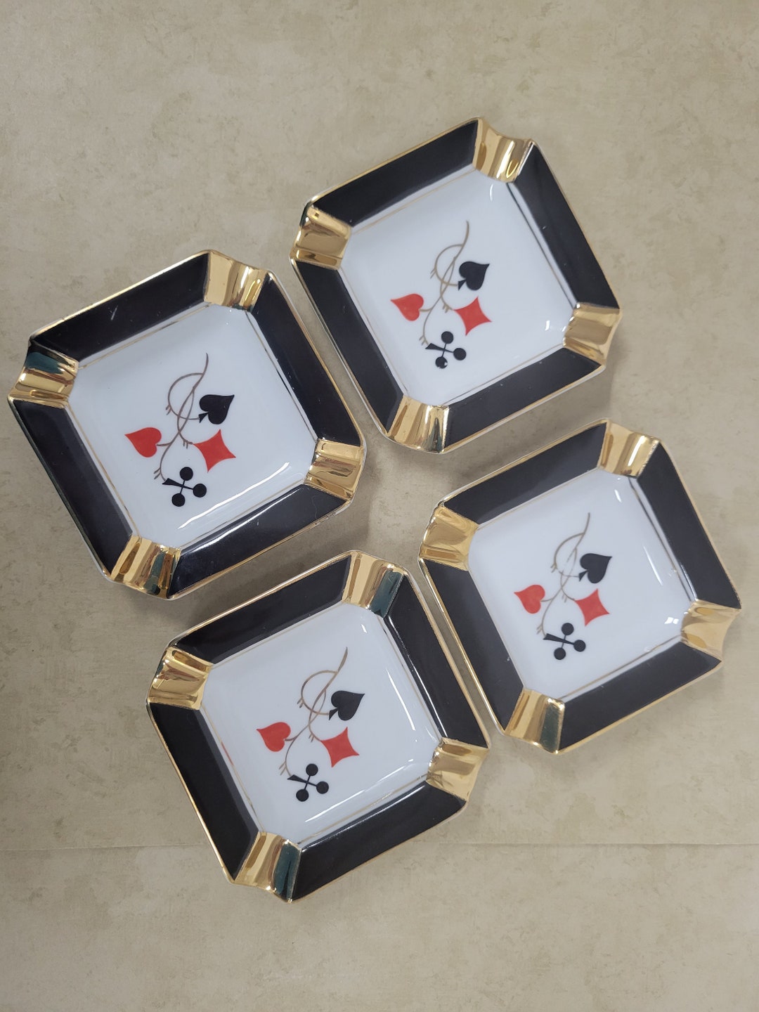 Playing Card Ashtrays, Set of 4 Vintage Heart, Spade, Diamond, Club