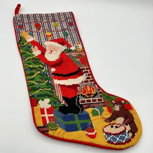Needlepoint Christmas Stocking Santa Claus Tree Ornaments Presents Fireplace Vintage