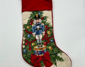 Needlepoint Nutcracker Christmas Holiday Stocking, Drum Ornaments Bow Decorated Tree