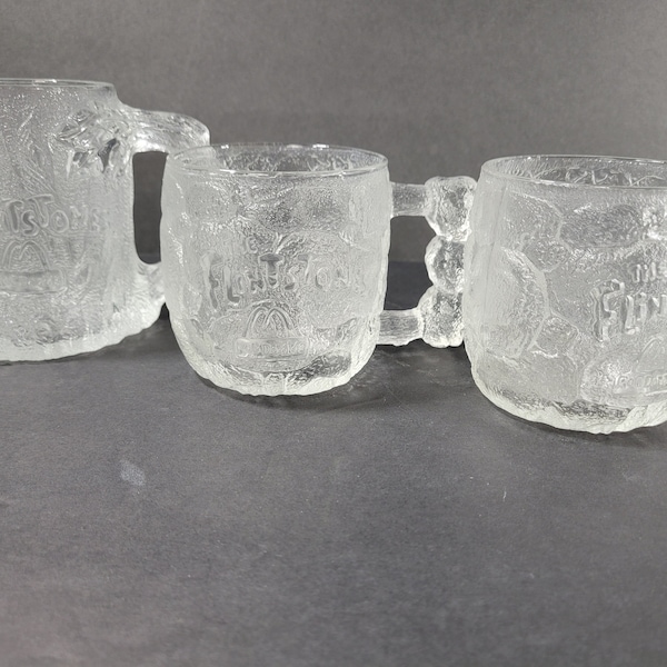 Mc Donald's Flintstones Clear Glass Mugs 3 Vintage Drinking Cups