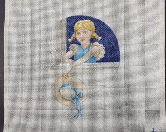 Needlepoint Canvas Young Girl Holding Bonnet Hat Hand-Painted  13.5" X 13.5" NOS