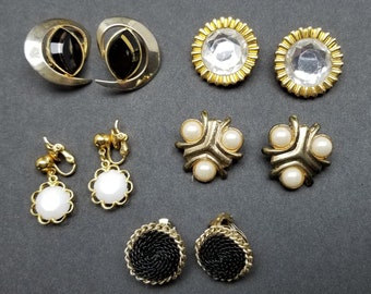 Vintage Clip Earrings Lot of Faux Pearl, Black Onyx and Rhinestone