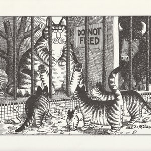 Kliban Cat Art Print, Cats at the Zoo, Vintage Lithograph, Cartoon Kitty, Kitten, Feline, Black and White