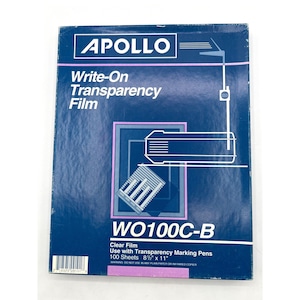 May include: A rectangular box of Apollo Write-On Transparency Film, model WO100C-B. The dark blue packaging features white text, a graphic of an overhead projector, and a sheet of film. It contains 100 clear sheets measuring 8.5 inches by 11 inches.