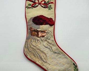 Needlepoint Christmas Stocking with Santa Claus Bows and Holly
